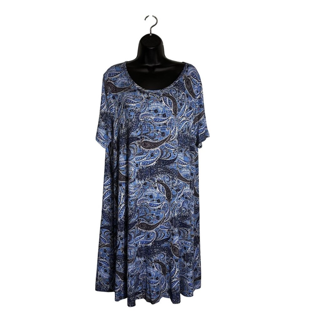 Dusdimon Womens 3XL Paisley Blue Swing Dress Short Sleeve Scoop Neck